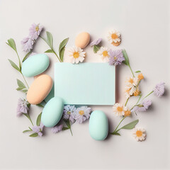 Fototapeta na wymiar Easter eggs and spring flowers rectangle copy space