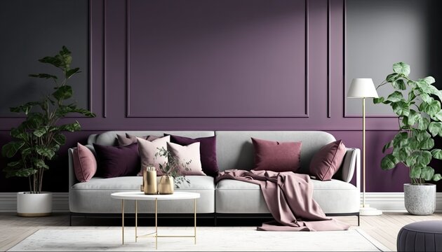 a purple, wine-colored Scandinavian, boho-themed living room interior background, Wall Art Mockup, Japandi, 3D rendered, contemporary, Japandi-themed, modern interior mockup. Generative AI