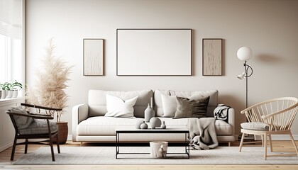 a light cream white Scandinavian, boho-themed living room interior background with a horizontal frame mockup, 3D rendered, contemporary-themed, modern interior mockup. Generative AI