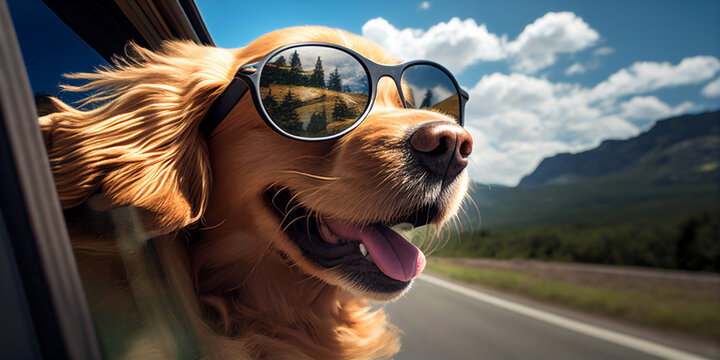 golden retriever wearing sunglasses sticking his head out the window of a car