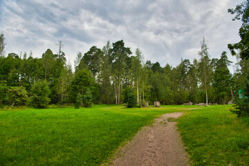 Path in green meadow and trees in Park Mon Repos, Vyborg, Russia