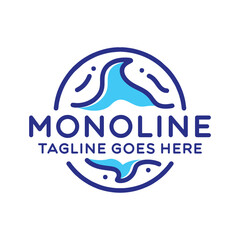 Blue Wave Ocean Monoline Logo Vector Vintage Emblem Design badge illustration Symbol Icon