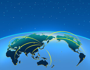 半円形の日本を中心とした世界地図と星空