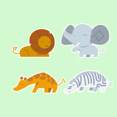 Cute wild animals set including lion, zebra, giraffe, and elephant. Safari jungle animals vector. Woodland animal illustration.