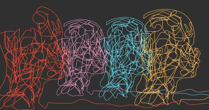 Social media network. Outline human silhouettes. Overlay heads. Digital, interactive and global communication concept. Thin line drawing