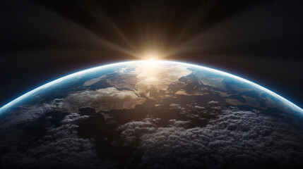 Fototapeta premium Nightly Earth planet in outer space with sun flare. Generative AI