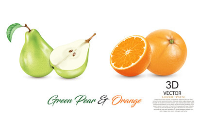 realistic green pear fruits and realistic ripe fresh orange fruits isolated on white background.