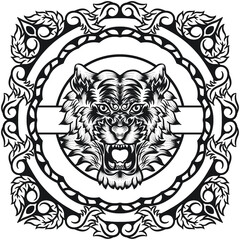 tiger head logo black and white design with ornament engraving