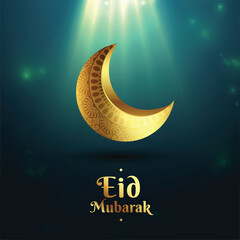 Fototapeta na wymiar islamic eid mubarak glowing background with 3d golden moon