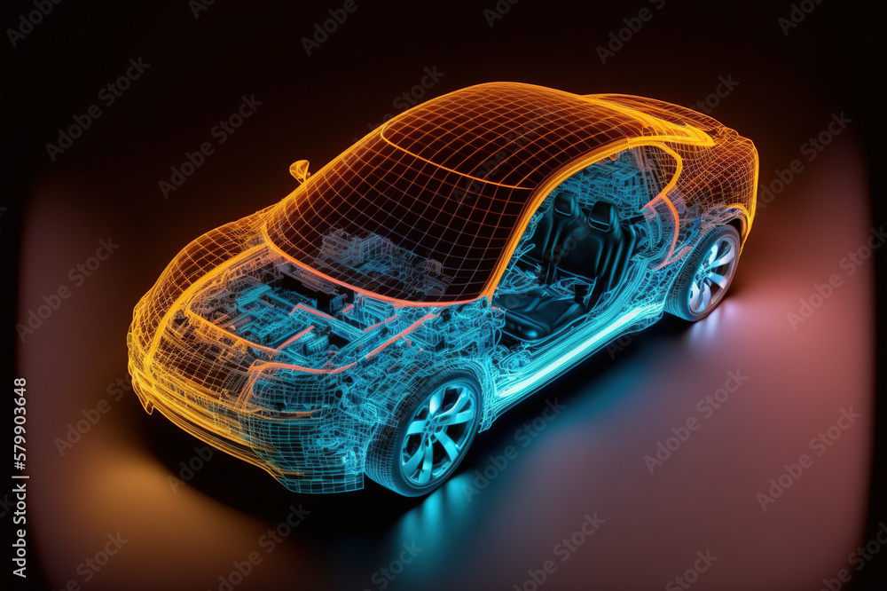 Poster virtual simulation of future electric car showing wireframe prototype model blueprint in display for