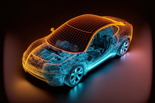 Virtual Simulation Of Future Electric Car Showing Wireframe Prototype Model Blueprint In Display For Factory Manufacturing . Sublime Generative AI Image .