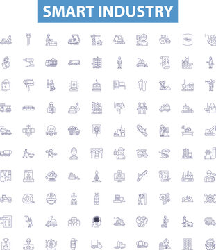 Smart industry line icons, signs set. Industry 40, AI, Automation, IoT, Manufacturing, Robotics, Digitalization, Data, Connectivity outline vector illustrations.