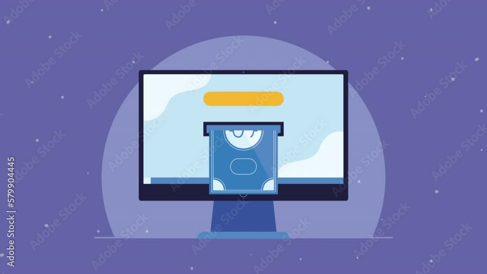 Poster desktop computer tech with bill dollar animation