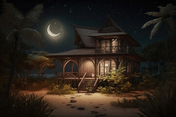 ai generated an illustration of a wooden Malay house in a rural village, night view.
