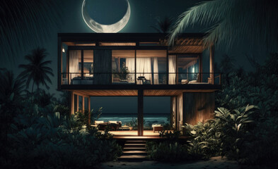 ai generated of  illustration of coconut trees, modern malay house by the beach,