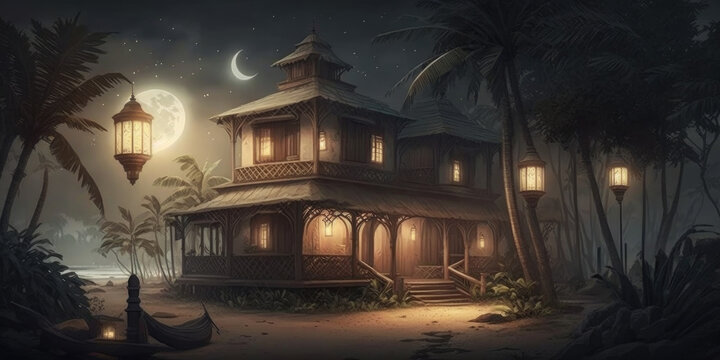 Ai Generated An Illustration Of A Wooden Malay House In A Rural Village, Night View.