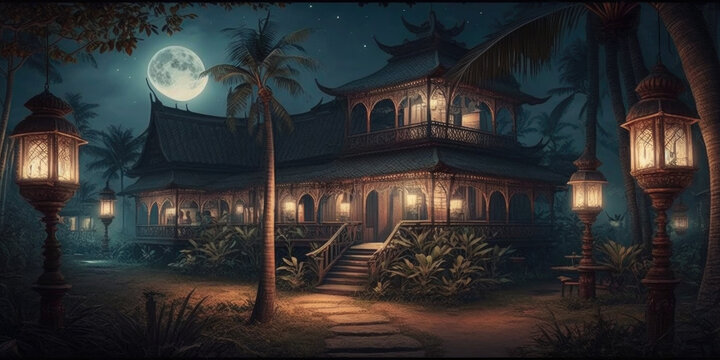 Ai Generated An Illustration Of A Wooden Malay House In A Rural Village, Night View.