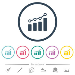 Bar graph with circles and lines flat color icons in round outlines