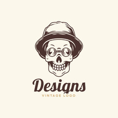 Human skull head character logo design template with hat