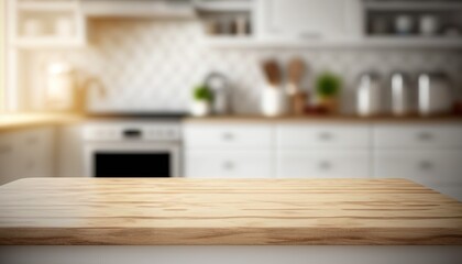 Wooden Board Empty Table Top on White Kitchen, Wooden Table Top, Countertop in Modern, Minimal Design Kitchen Created With Generative Ai Technology