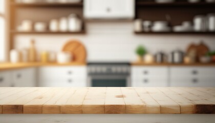 Wooden Board Empty Table Top on White Kitchen, Dining Table in Interior of Modern Kitchen Created With Generative Ai Technology