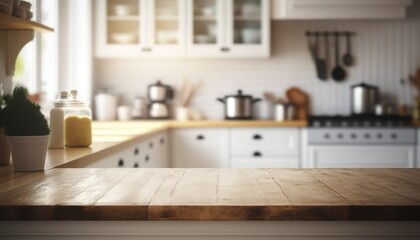 Wooden Board Empty Table Top on White Kitchen, Interior of Kitchen In New Luxury Home Created With Generative Ai Technology