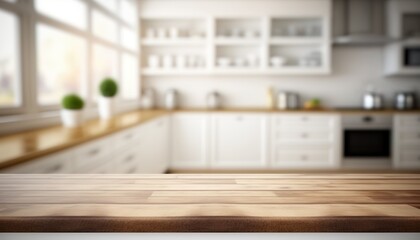 Fototapeta na wymiar Wooden Board Empty Table Top on White Kitchen, Elegant Kitchen Furniture Created With Generative Ai Technology