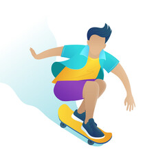 Handsome guy skater, skateboarder character jumping with skateboard. Teen boy riding skateboard and doing trick. Modern street activity, summer sport vector illustration isolated on white