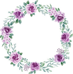 Obraz na płótnie Canvas Rose Purple Watercolor flower Wreath. lilac flower elements, botanical background or wallpaper design, prints and invitations, and postcards.