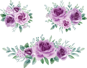 Purple Rose Watercolor floral arrangement bouquet. Luxurious floral lilac elements, botanical background or wallpaper design, prints and invitations, and postcards.