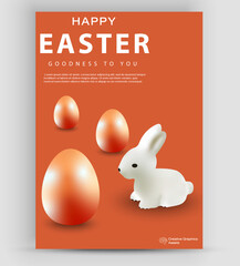 Happy Easter greeting card, holiday cover, poster or flyer design in 3d realistic style with egg and rabbit . Vector illustration for poster, greeting cards, booklets, promotional materials, website