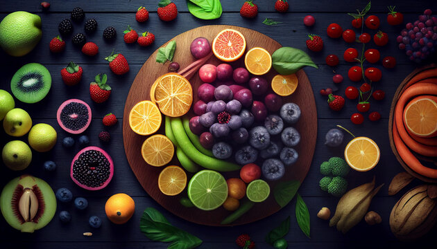 colorful and vitamin tich fruit on the wooden table, generative ai