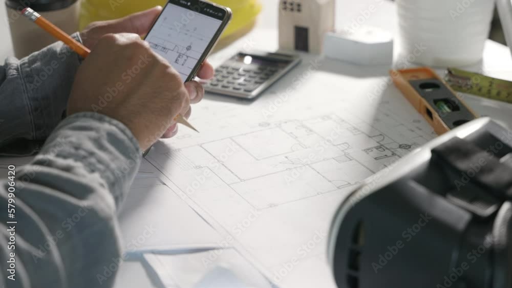 Poster architect workplace. architectural building design and construction plans with blueprints paper proj