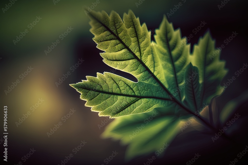 Poster a green leaf in close-up against a hazy backdrop. generative ai