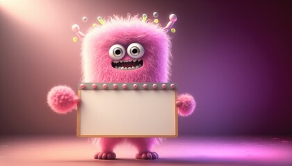 Cute cartoon monster character holding a blank sign. Created with generative AI.