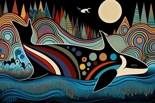 Illustration of a orca in an North American indegnous style. Generative AI.