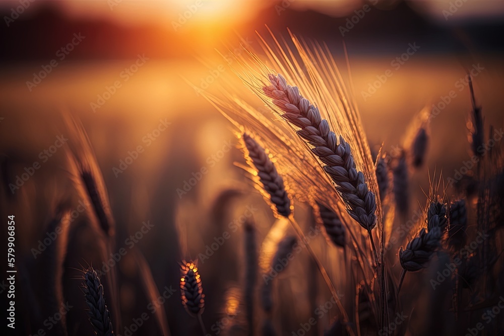 Poster sunset closeup of wheat field, hazy backdrop generative ai