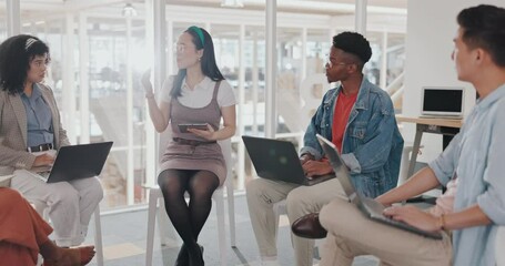 Business people, meeting startup and digital marketing manager with multimedia technology strategy, coaching and mentorship. Diversity, speaker and circle of employees with website design leadership