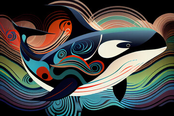Illustration of a orca in an North American indegnous style. Generative AI. - obrazy, fototapety, plakaty