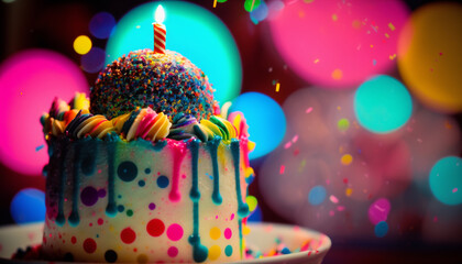 Birthday cake with playful colors, quirky background, and party lights captured in unconventional style with a wide-angle lens - Generative AI