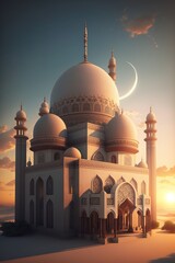 Modern Architecture of Islamic Mosque. Ramadan, Eid Mubarak concept. Generative AI.
