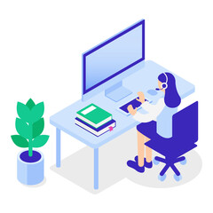 カスタマーサポート（女性）のアイソメトリックイラスト