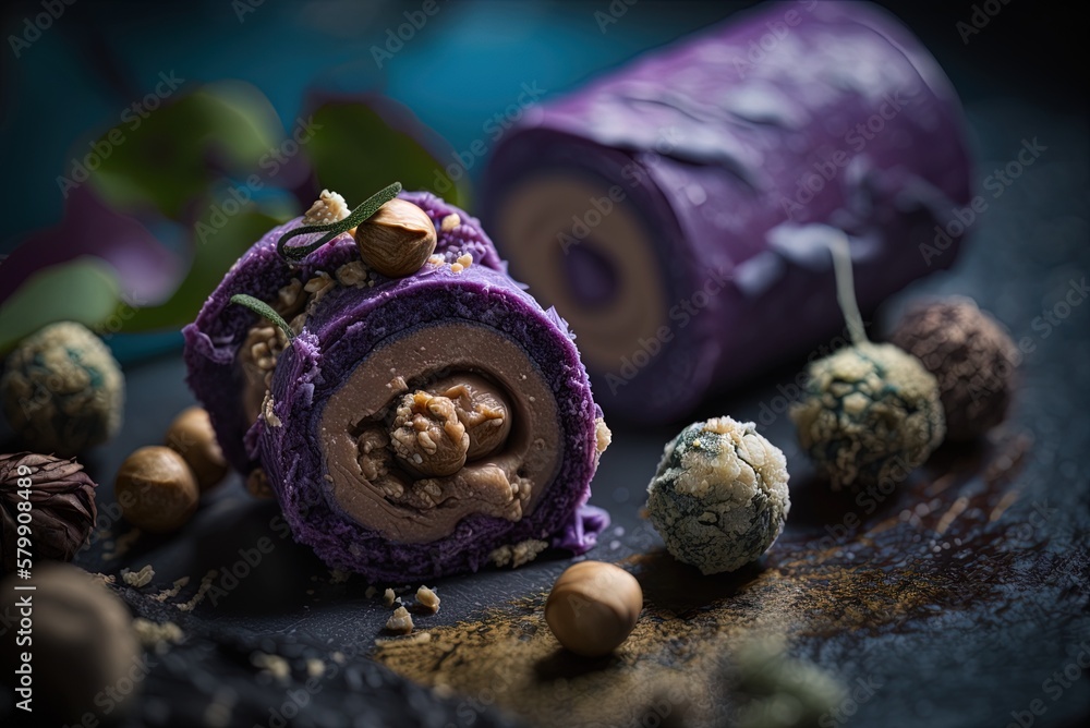 Poster raw vegan roll with hazelnuts up close on a grungy purple table. generative ai
