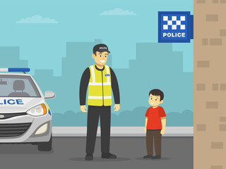 Happy male kid talking to police officer beside police station. Little boy looking at policeman. Front view. Flat vector illustration template.