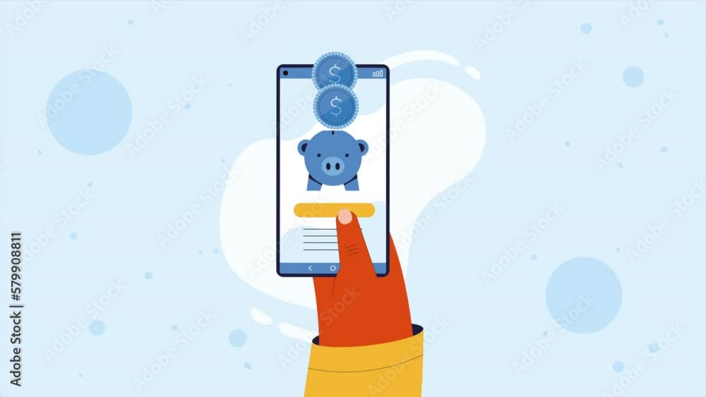 Poster hand using smartphone with piggy animation
