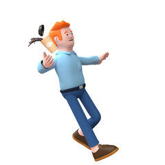 3d render adult male slipped and spilling coffee while walking