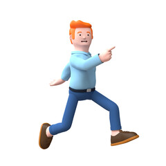 3d render running male with his pointing finger.