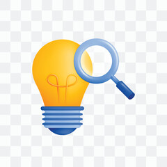 3d icon realistic render style of lamp or bulb inverted with magnifying glass, metaphor of looking for ideas or thoughts, brainstorming in research and development. Can be used for websites, apps, ads