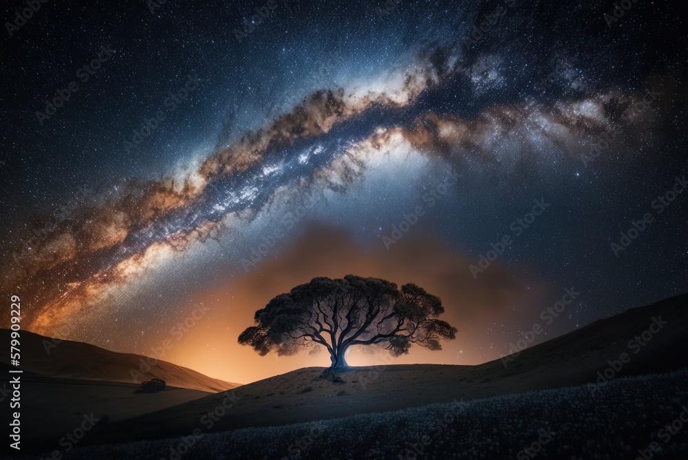 Poster stunning nighttime image of the milky way from atop a hill with very few trees generative ai