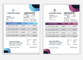 Business Minimal Corporate Invoice design template vector illustration bill form price . Creative template and stationery design payment agreement design template Cash Memo, Vector Quotation Design